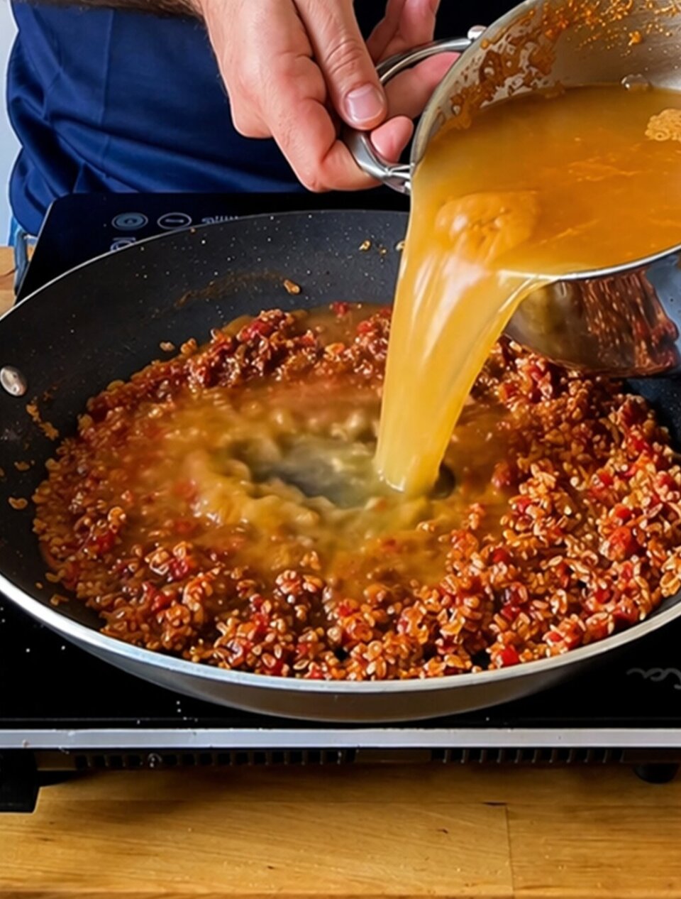 verter el caldo para arroz con pulpo