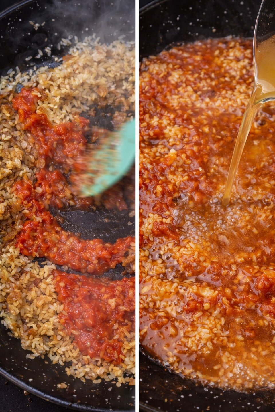 verter el fumet para arroz mar y montaña