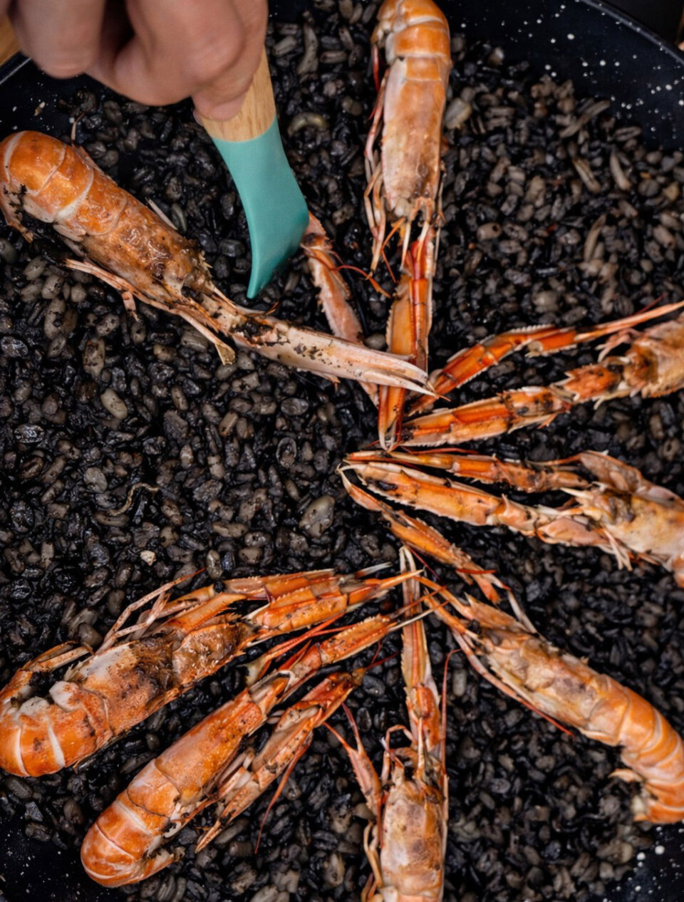Colocar las cigalas para arroz negro