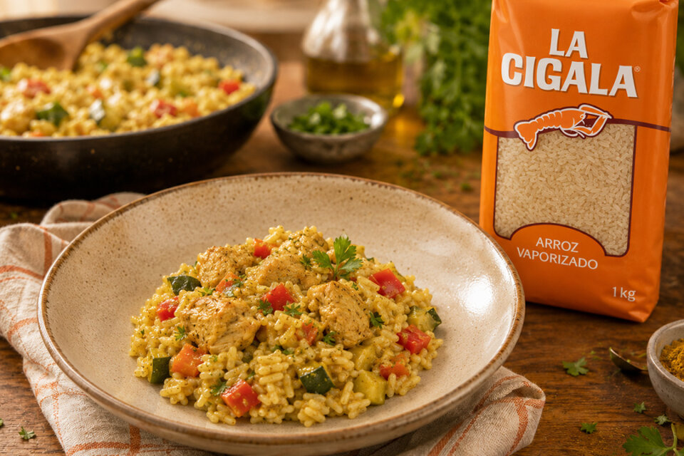 Arroz con pollo al curry y verduras