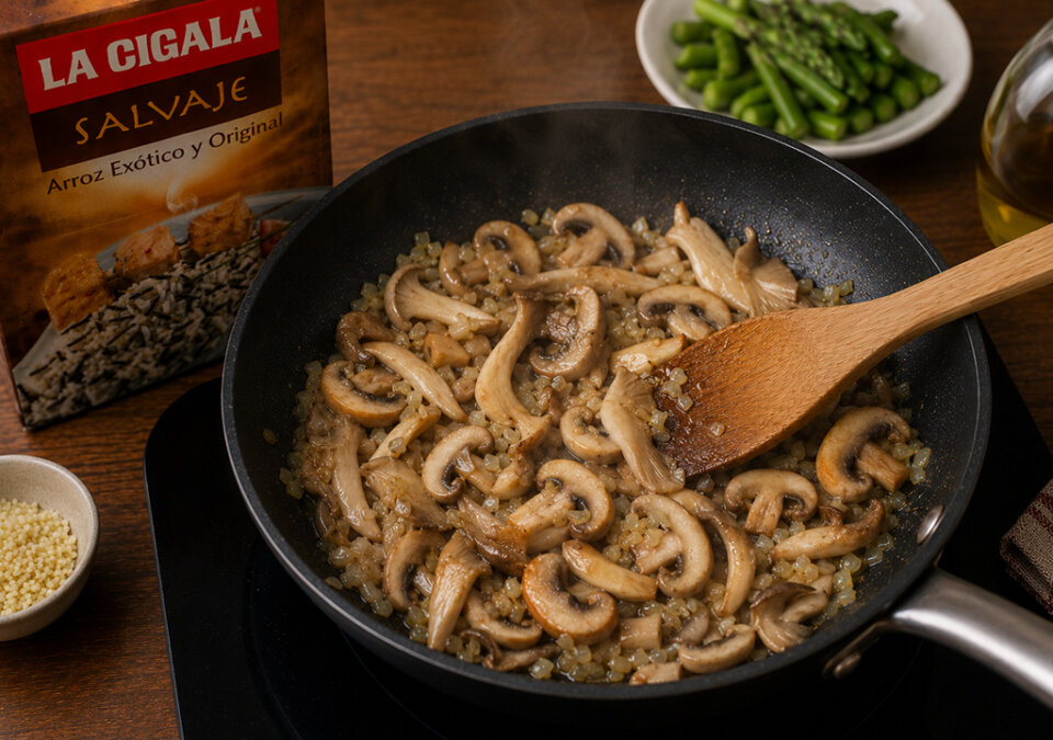 añadir setas para arroz con setas y espárragos