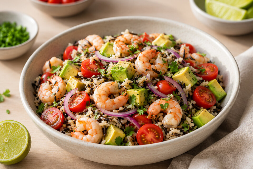 Ensalada de aguacate, tomate y langostinos
