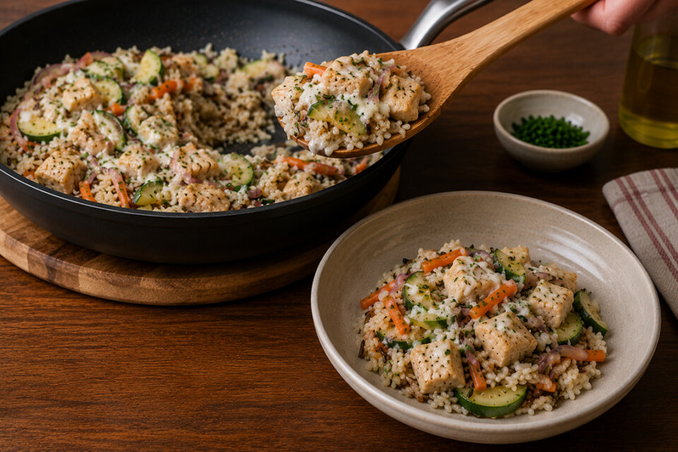Arroz con pollo, calabacín y salsa de yogur