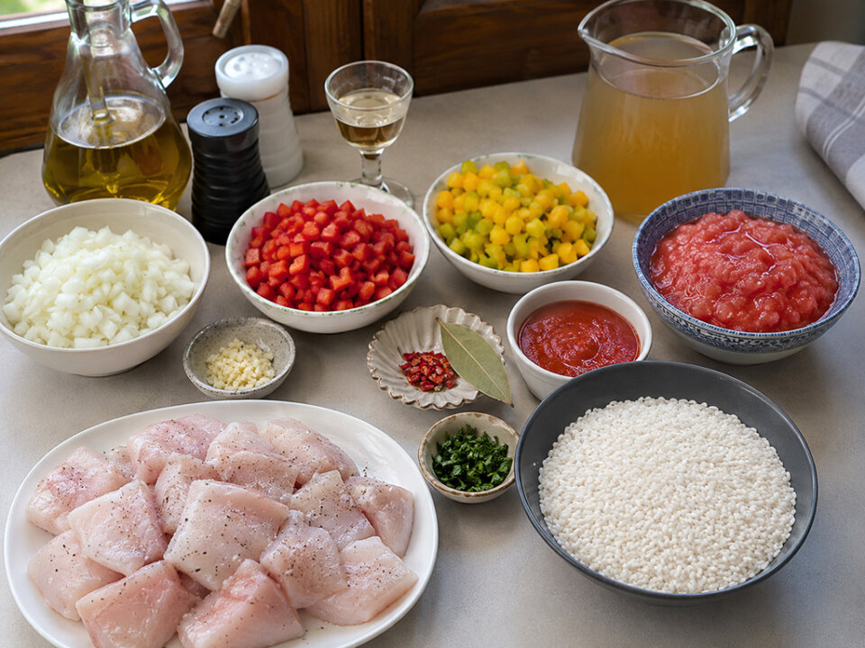 prepara los ingredientes para arroz de tintorera