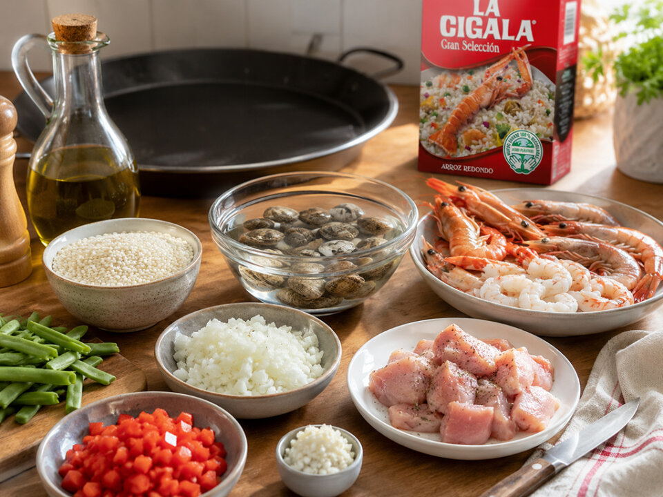preparar los ingredientes para paella de pollo y marisco