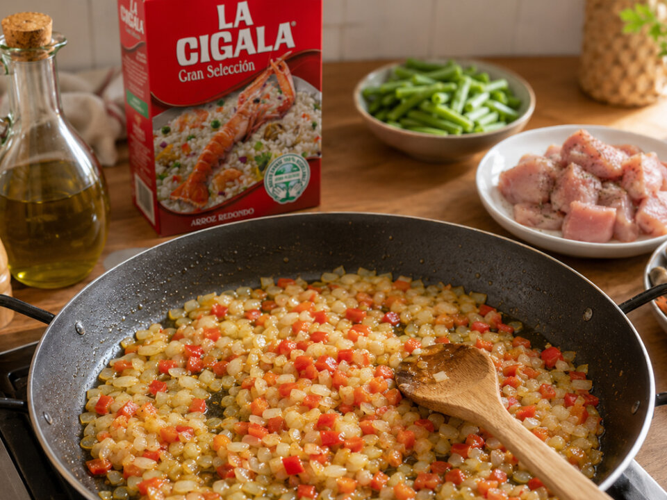 sofrito para paella de pollo y marisco