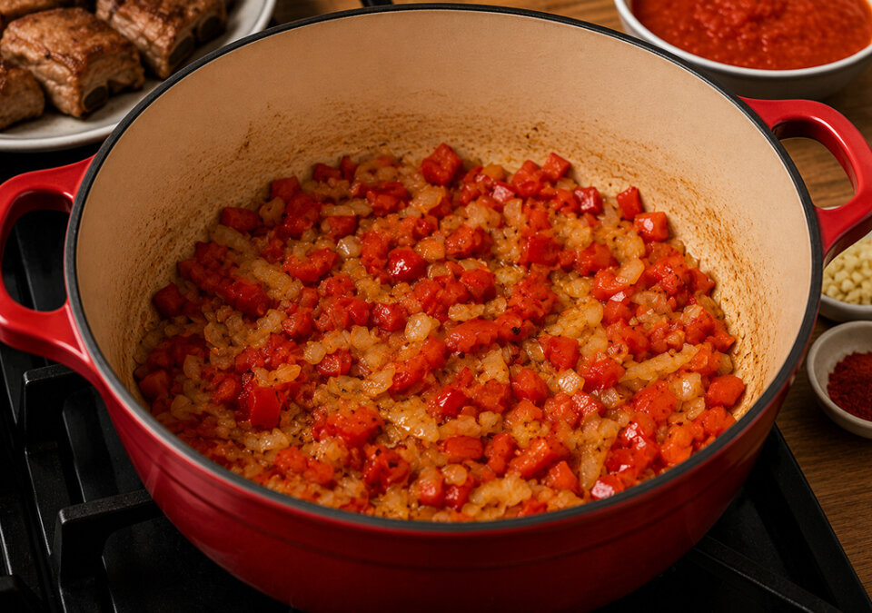 sofrito para arroz con costillas y pimiento rojo
