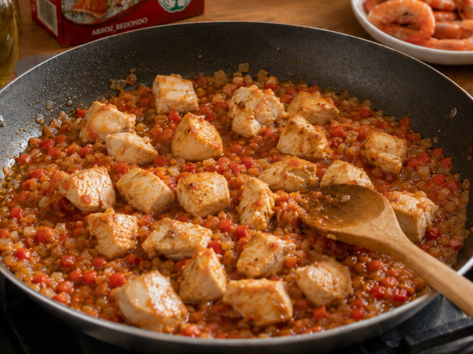 dorar el pollo para paella de pollo y marisco