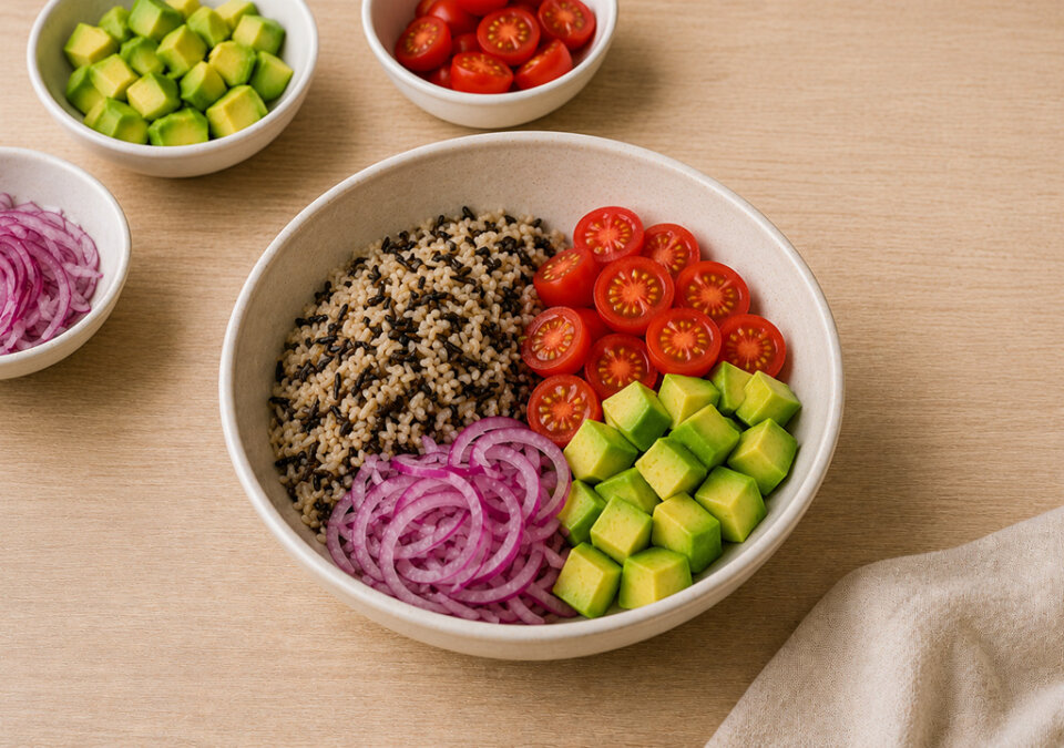 mezclar base para arroz con aguacate, tomate y langostinos