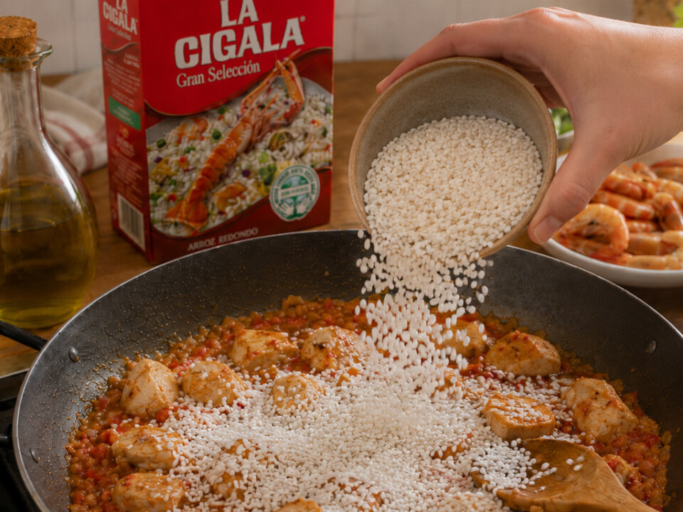 añadir el arroz para paella de pollo y marisco
