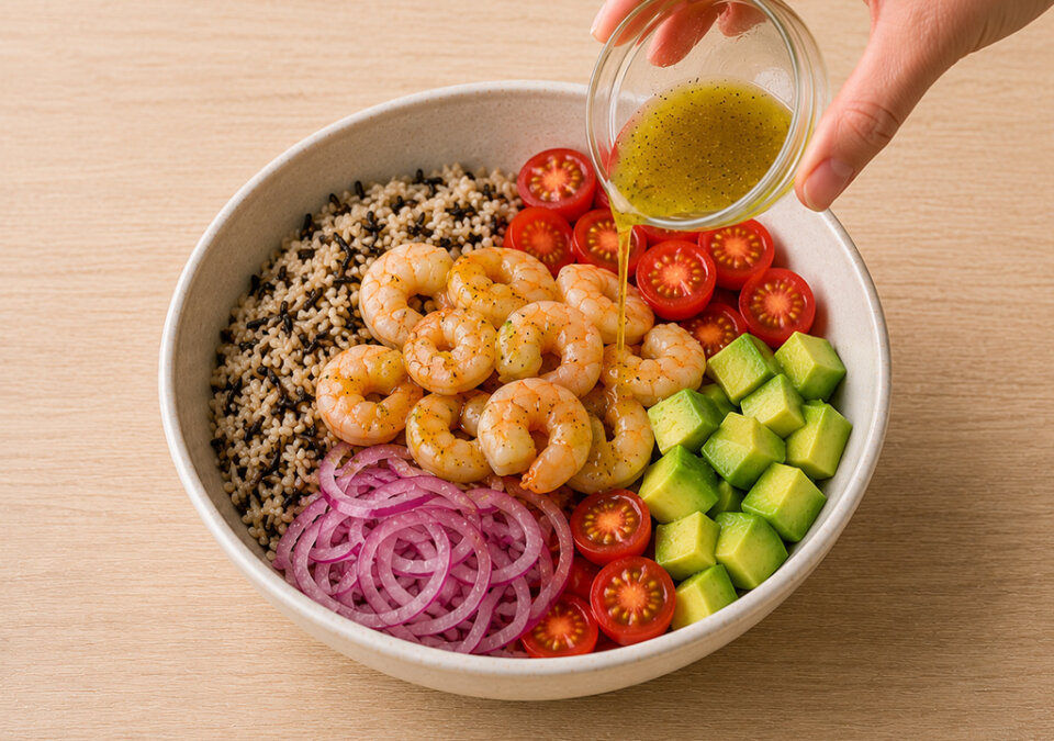 añadir langostinos para arroz con aguacate, tomate y langostinos