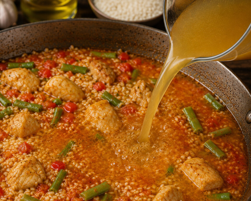añadir el caldo para paella de pollo y marisco