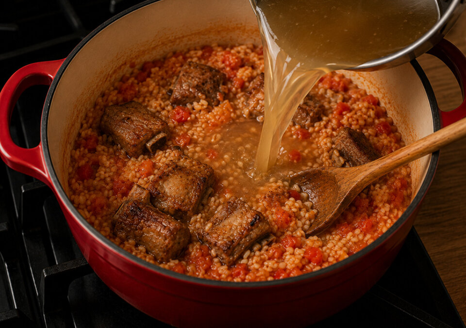 cocinar para arroz con costillas y pimiento rojo