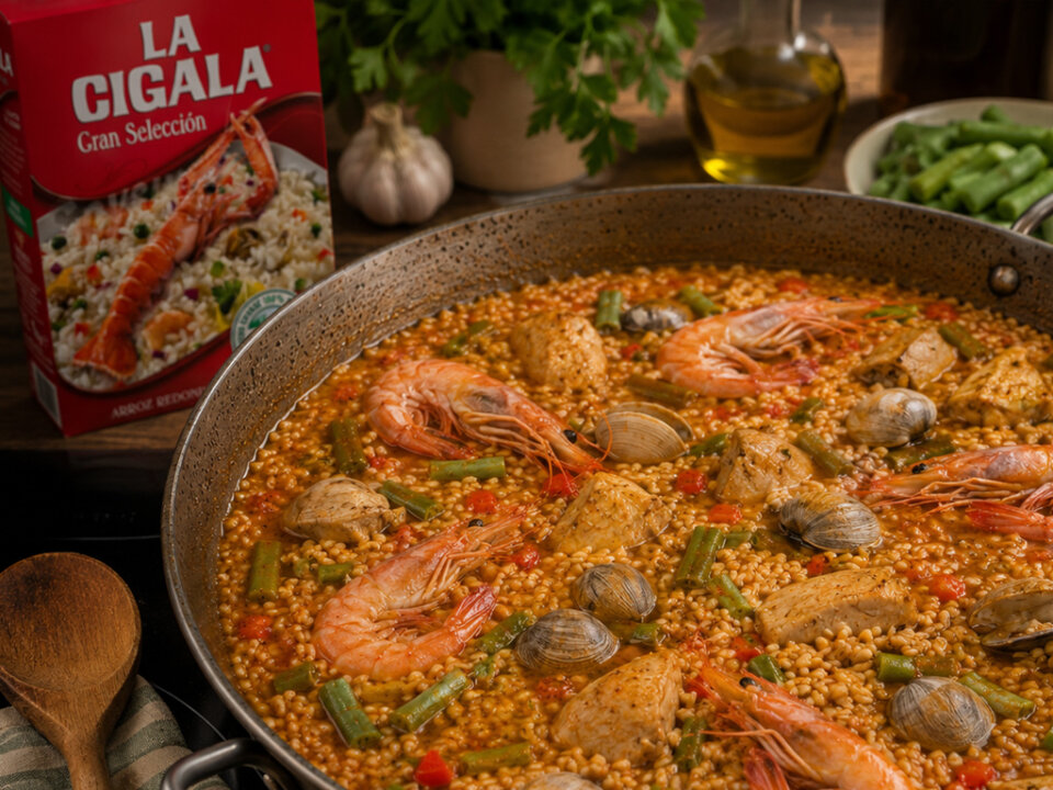 servir paella de pollo y marisco