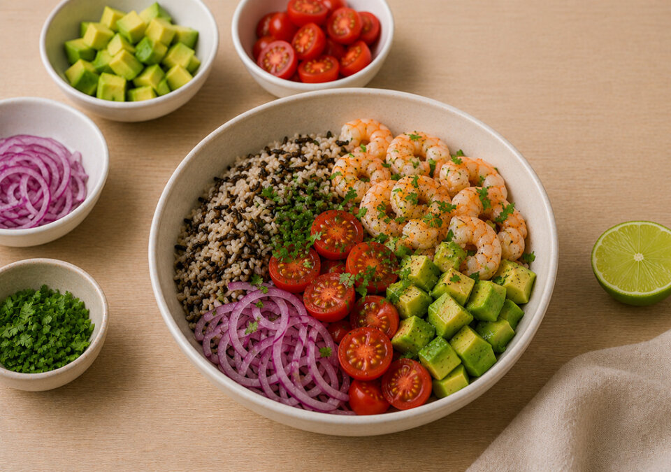 decorar para arroz con aguacate, tomate y langostinos