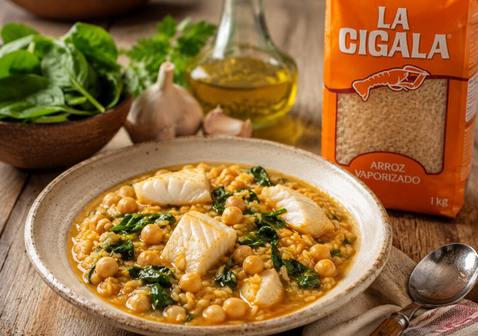 Arroz con garbanzos, espinacas y bacalao