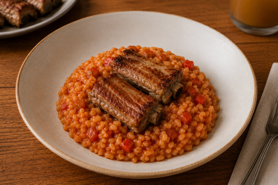 Arroz con costillas y pimiento rojo