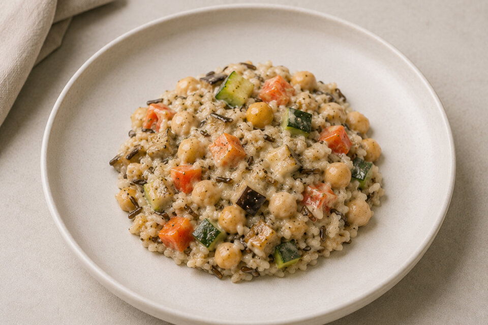 Arroz con verduras asadas, garbanzos y salsa de tahini