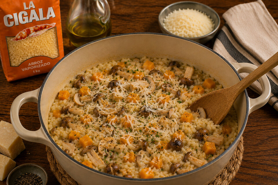 Arroz con setas, calabaza y parmesano