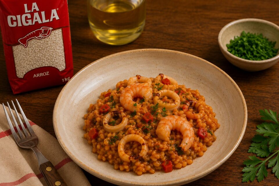 Arroz con calamares y gambas