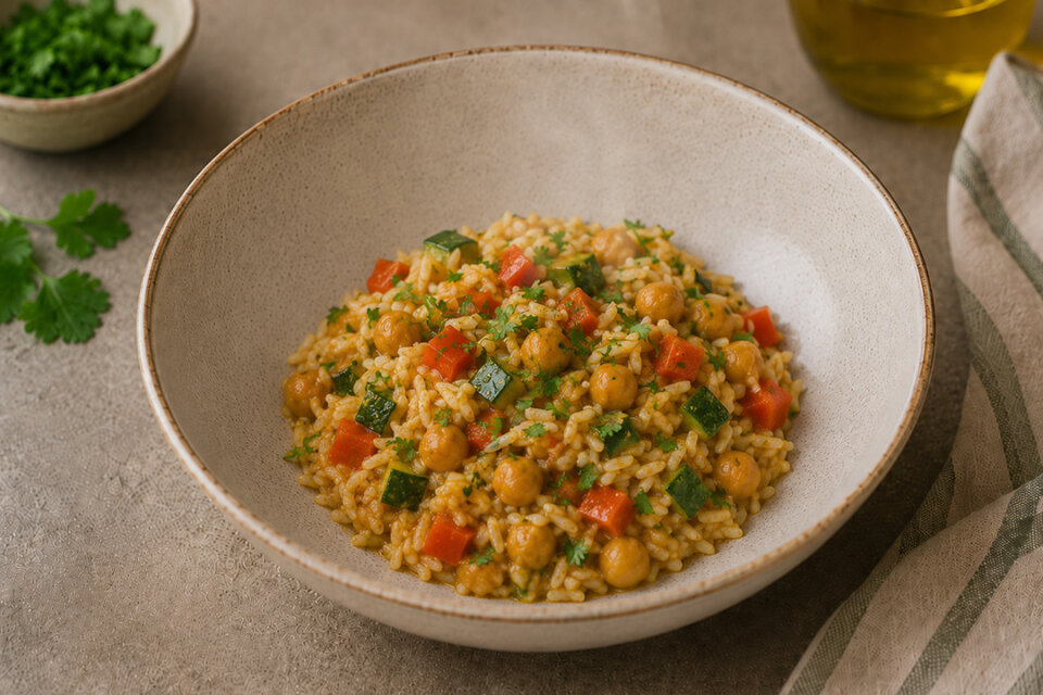 Arroz basmati con curry de verduras y garbanzos