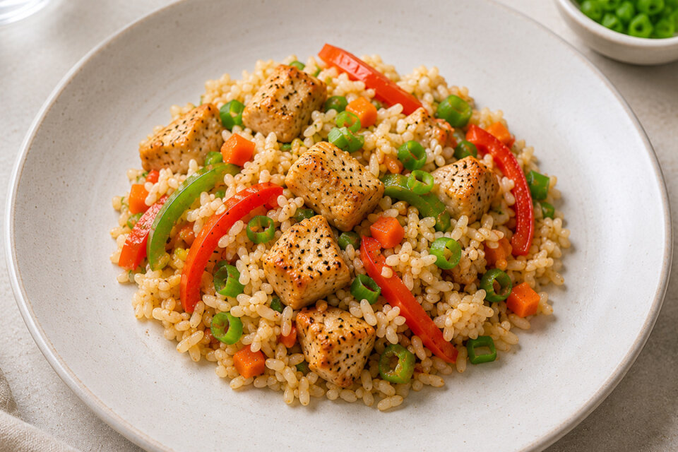 Arroz basmati salteado con pollo, verduras y soja